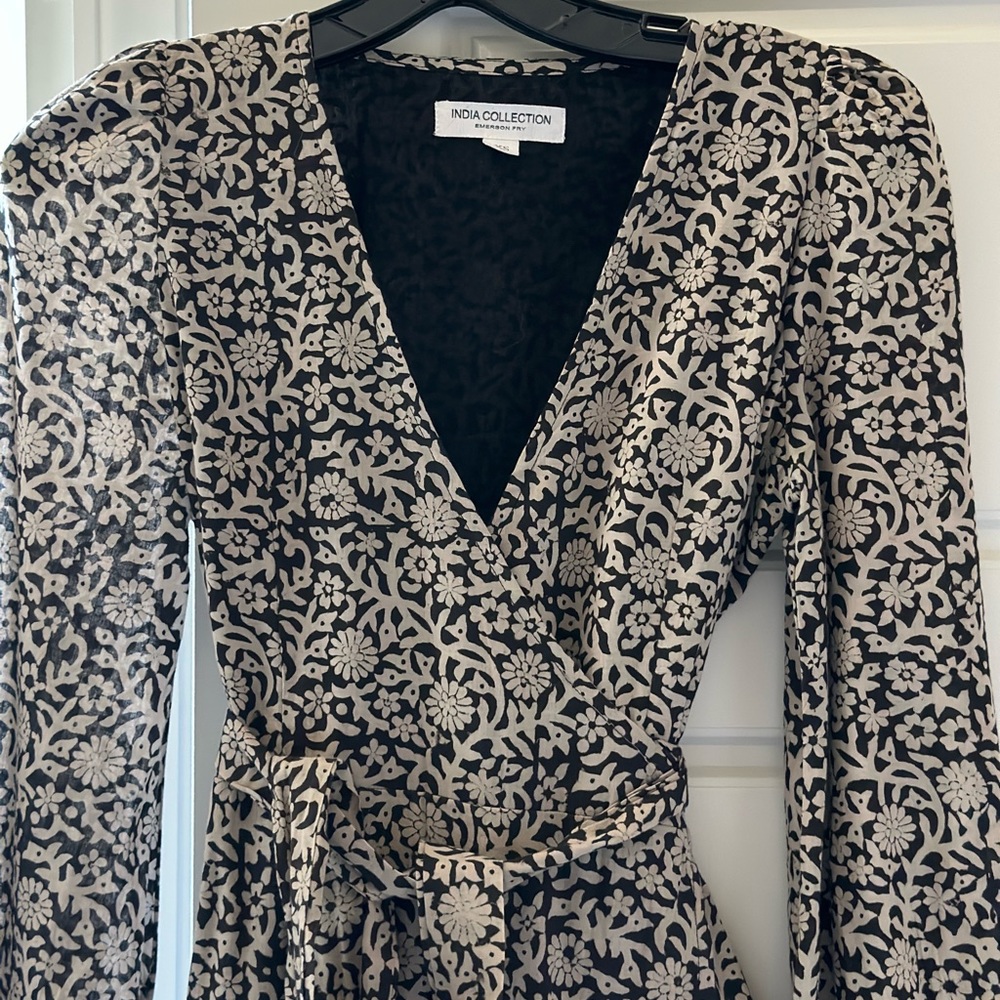 Emerson Fry, midi wrap dress. Black and Stone small print.